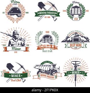 Mining industry colored emblems set with pit tools and truck ribbons rays and wreaths isolated vector illustration Stock Vector