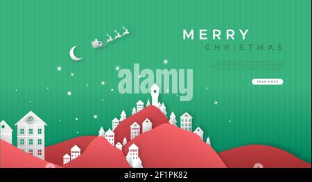 Merry Christmas web template illustration of festive papercut xmas village, winter season landscape. Online event celebration design with santa claus Stock Vector