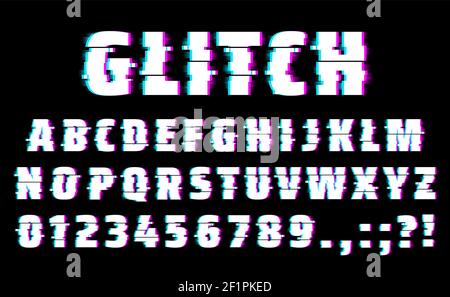 Glitch font of vector alphabet letters and numbers type. Distorted typeface with computer or TV screen noise, television signal fail and data decay ef Stock Vector
