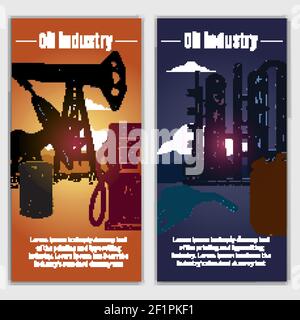 Hand drawn vertical banners set with oil industry compositions factory and derrick elements and storage vessels vector illustration Stock Vector