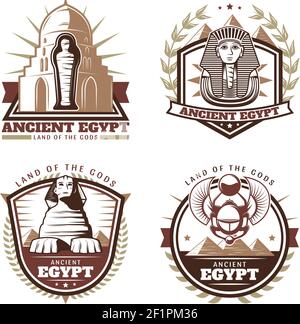 Vintage colored ancient Egypt emblems set with pharaoh mask mummy sphinx pyramids citadel scarab isolated vector illustration Stock Vector
