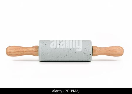 Gray rolling pin baking utensil with wooden handles isolated on white background Stock Photo