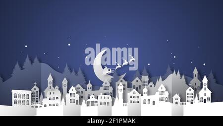 Christmas illustration of winter xmas village in layered 3d papercut style. Paper craft city landscape at night with santa claus sled, moon and snow. Stock Vector