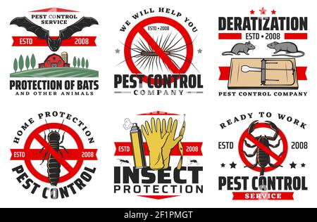 Pest control service isolated vector icons. Protection of bats, rats or mice and centipede, silverfish and scorpio with ants, mosquito prohibition sig Stock Vector