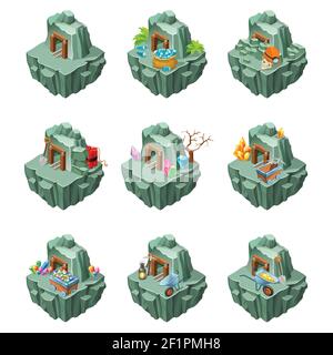 Isometric mining islands set with different elements for game design isolated vector illustration Stock Vector