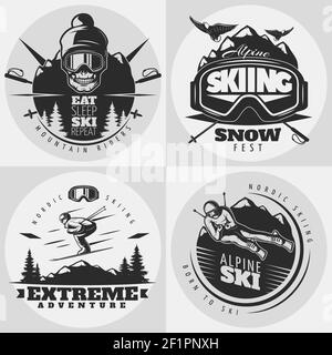 Monochrome isolated square composition with round emblems for extreme alpine skiing drawn in old school style vector illustration Stock Vector