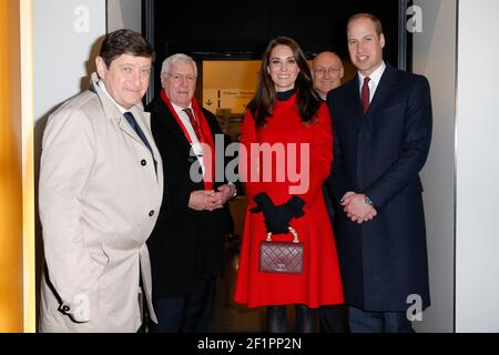 Catherine Elizabeth Middleton known as Kate Middleton, Duchess of Cambridge in United of Kingdom (Catherine Elizabeth Middleton dit Kate Middleton, Duchesse de Cambridge au Royaume-Uni), William Arthur Philip Louis known as Prince William, Duke of Cambridge in United of Kingdom (William Arthur Philip Louis dit Prince William, Duc de Cambridge au Royaume-Uni), Bernard Laporte (President of the french rugby federation), Dennis Gethin, President of the Welsh Rugby Union, Patrick Kanner, French Minister of Urbain Affairs, Youth and Sport arriving to the floor gate of the presidential stand during Stock Photo
