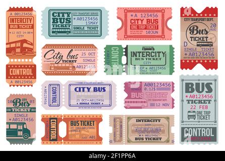City bus ride retro tickets vector templates set. Passenger transportation department, intercity transport trip admission single ticket with bus, vint Stock Vector