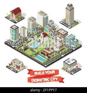 City creation isometric set with isolated buildings mockup of town and lettering at red ribbon vector illustration Stock Vector