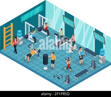 Isometric fitness concept with people doing physical exercises on sport trainers in gym isolated vector illustration Stock Vector