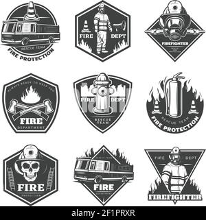 Monochrome professional firefighting labels set with fireman truck and rescue equipment in vintage style isolated vector illustration Stock Vector