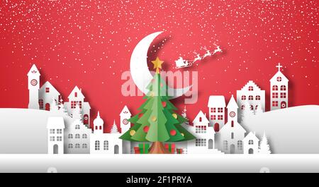 Christmas eve holiday city in 3d paper cut style with big xmas pie tree. Winter town church, house buildings, santa claus and gift boxes. Festive cele Stock Vector