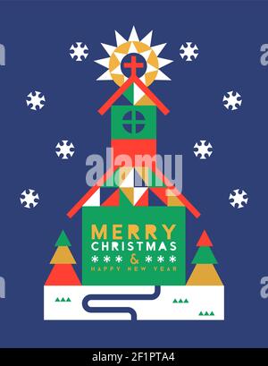 Merry Christmas Happy New Year greeting card illustration of retro folk art church building in geometric pine tree forest. Peaceful flat cartoon winte Stock Vector