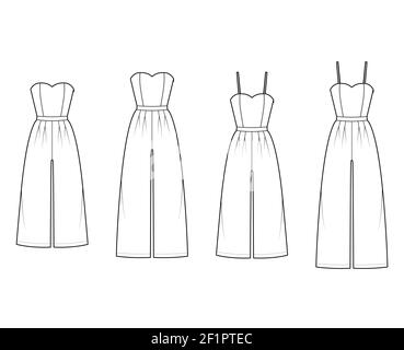 Set of jumpsuits culotte overall technical fashion illustration with full ankle length, normal waist, double pleats, strap, strapless. Flat front, white color style. Women, men unisex CAD mockup Stock Vector