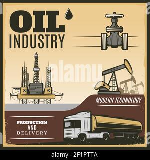 Vintage oil industry poster with petrochemical station drilling rig truck and pipeline vector illustration Stock Vector