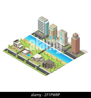 Isometric coastal suburban buildings concept with mansions of different ...