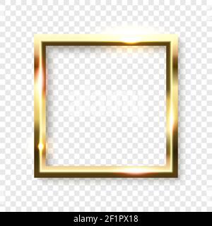 Abstract shiny golden square frame with white empty space for text, on transparent background, vector illustration. Stock Vector