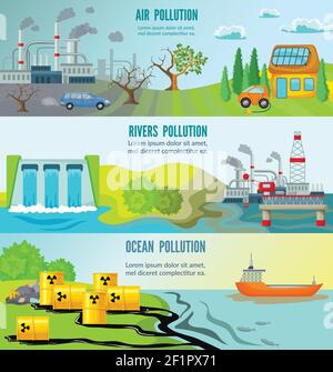 Environmental pollution cartoon horizontal banners with comparison of ...