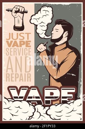 Vaping vintage poster with smoking electronic cigarette hipster and hand holding vaporizer vector illustration Stock Vector