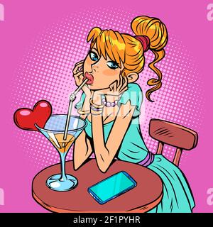 Beautiful girl is drinking a cocktail. Valentines day holiday Stock Vector