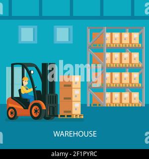 Warehouse interior colorful composition with forklift truck with driver transporting cardboard boxes vector illustration Stock Vector