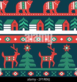 Christmas seamless pattern with traditional nordic folk design. Retro holiday background of winter forest, reindeer, bear and xmas house decoration fo Stock Vector