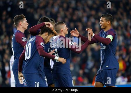 MARCO VERRATTI (PSG) scored a goal and celebrated it with Thiago Silva (PSG), Neymar da Silva Santos Junior - Neymar Jr (PSG), Kylian Mbappe (PSG), Edinson Roberto Paulo Cavani Gomez (psg) (El Matador) (El Botija) (Florestan), Julian Draxler (PSG), Marcos Aoas Correa dit Marquinhos (PSG) during the UEFA Champions League, Group B, football match between Paris Saint-Germain and RSC Anderlecht on October 31, 2017 at Parc des Princes stadium in Paris, France - Photo Stephane Allaman / DPPI Stock Photo