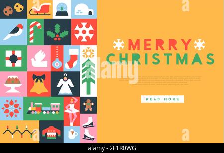 Merry Christmas web template illustration of xmas icons in colorful geometric flat style. Modern celebration mosaic includes gift, bird, pine tree, sa Stock Vector