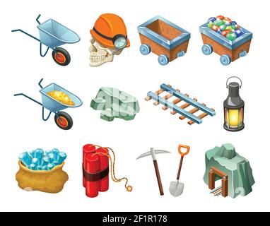 Mining game isometric elements collection with cart trolley gemstones minerals railway lantern dynamite showel pick isolated vector illustration Stock Vector