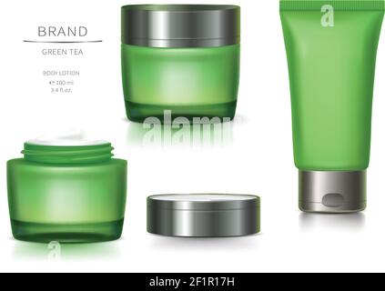 Cosmetic realistic vector set. Green glass jar and plastic tube with silver lid and label, with reflection, isolated on white background, natural cosmetics, organic formula for healthy skin Stock Vector