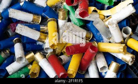 A large number of hunting blank cartridges of 12 gauge. Many shotgun cartridges in different colors with empty cartridges can be used as a textured Stock Photo