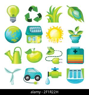 Ecological cartoon icons collection with environmental organic natural elements and objects isolated vector illustration Stock Vector