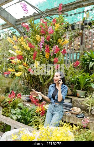 Happy pretty young Asian woman working in greenhouse and talking on phone with customer or contractor Stock Photo