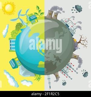 Ecology cartoon comparative concept with clean planet because of use alternative energy sources and dirty earth due to industrial environmental pollut Stock Vector