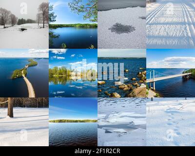 Collage of winter and summer nature photos in form of Finnish flag. Full size. Stock Photo