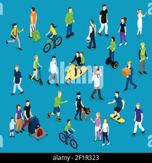 Isometric social crowd template with people of different ages and professions on blue background isolated vector illustration Stock Vector