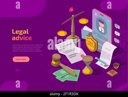 Legal advice banner. Isometric web page with scales, phone, gavel, hourglass, seal and documents. Online lawyer assistance for regulation legal issues, compliance to rules. Advocate attorney service Stock Vector