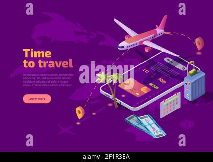 Time to travel isometric landing page. Online service, mobile app for travelers and tourists. Flying passenger airplane over huge cellphone, baggage bag, airline tickets, bank card and traveling route Stock Vector