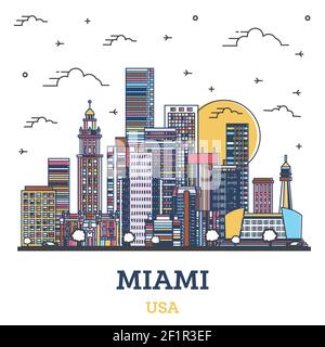Outline Miami Florida City Skyline with Colored Modern Buildings Isolated on White. Vector Illustration. Miami USA Cityscape with Landmarks. Stock Vector