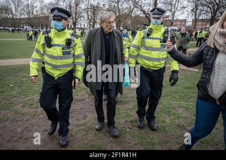 Coronavirus: Piers Corbyn is arrested during an attempted anti-lockdown event of 20-30 protesters on Richmond Green in south east London, UK.