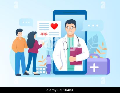 Doctor consults patients online through mobile application at smartphone in flat style. Family get consultation from cardiologist. Pharmacy support, medicine or medical healthcare services concept. Stock Vector