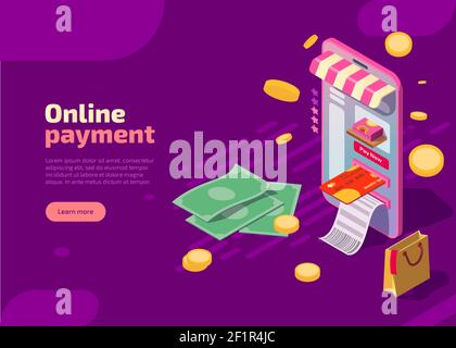 Online payment isometric landing page. Smartphone with paper bills, credit card, package and cash on purple background. Mobile application for money transfer, financial transaction, internet payments. Stock Vector