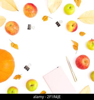 Food composition with apple fruit and pumpkin, notebook, pen and clips on white background. Flat lay, top view Stock Photo