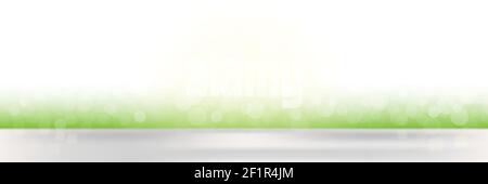 Abstract vector spring or summer defocused banner with dots of light. Natural background with blurred grass and white light, mockup for advertising organic cosmetics or natural products, food Stock Vector