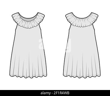 Negligee dress Sleepwear Pajamas technical fashion illustration with mini length, oversized, Pierrot frilled collar, trapeze silhouette. Flat front back, grey color style. Women, men unisex CAD mockup Stock Vector