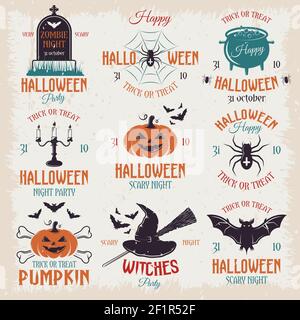Halloween retro style emblems of parties and celebrations with holiday symbols on beige worn  background vector illustration Stock Vector