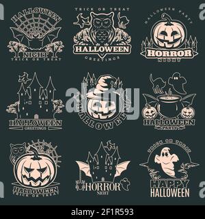 Halloween monochrome emblems with holiday symbols and animals on black background isolated vector illustration Stock Vector