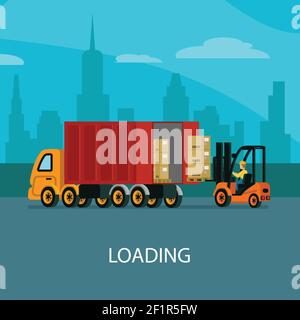 Logistic warehouse template with forklift driver loading truck before goods delivery vector illustration Stock Vector