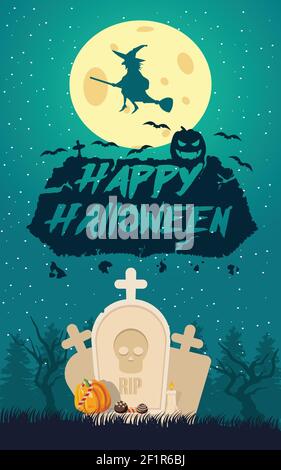 Flat background with starry night sky on cemetery with gravestones pumpkin and witch silhouette in front of moon vector illustration Stock Vector