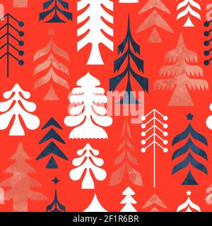 Christmas holiday seamless pattern of traditional scandinavian folk pine tree decoration in vintage watercolor paint texture. Retro background for wra Stock Vector